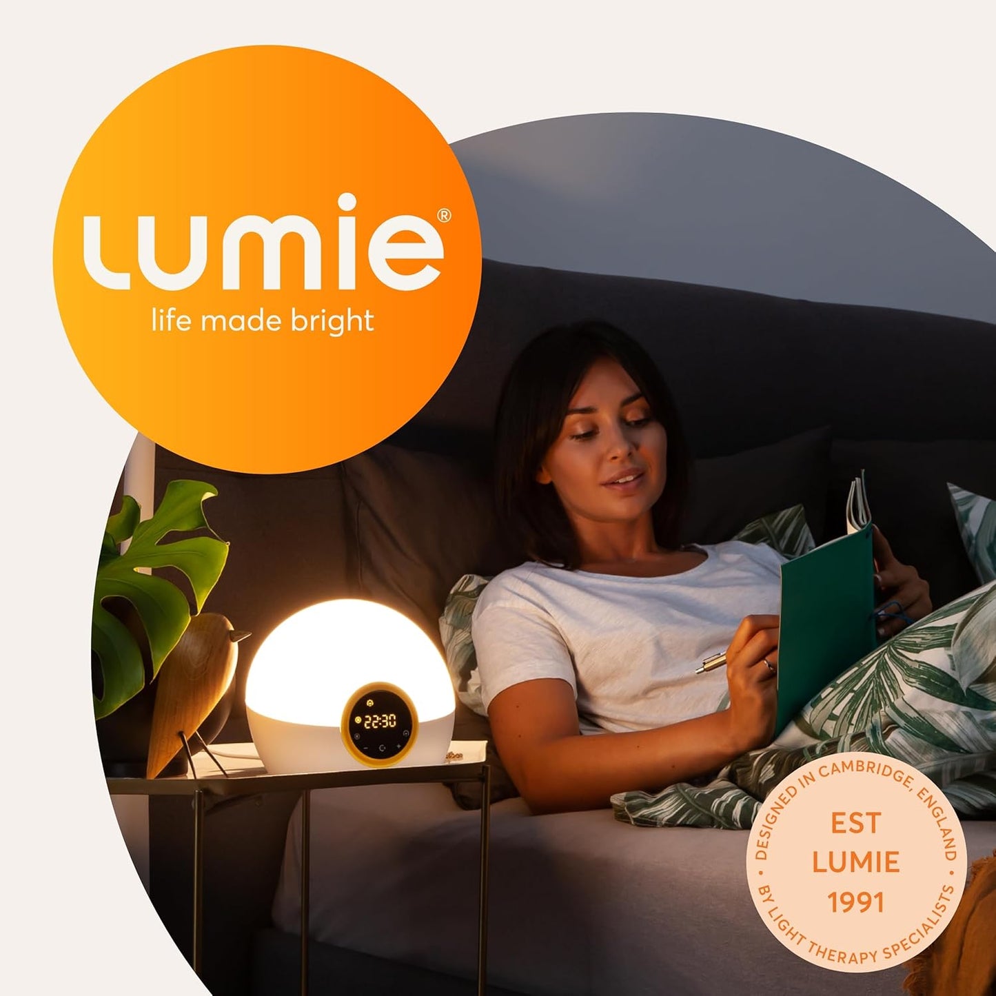 Lumie Bodyclock Rise 100 - LED Wake-Up Light Alarm Clock with Realistic Sunrise and Sunset, Dimmable, White/Yellow
