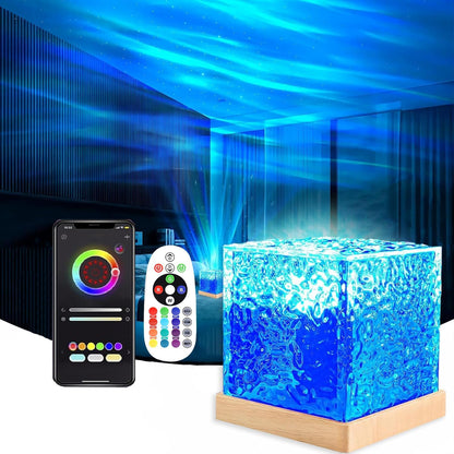 Ocean Wave Projector Light, 16-Color Luminorthe Cube Lamp and App Remote, 3D Holographic Water Ripple Romantic Ambient Lighting for Child's Room, Party, Night Light-4.4inch (Blue)