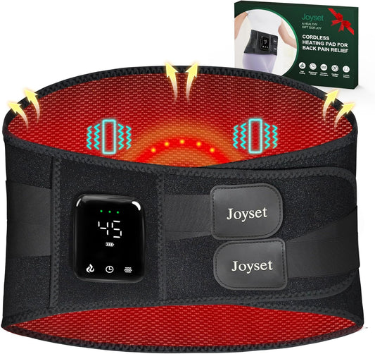 Joyset Cordless Heating Pad for Back, 5 Heat & 5 Vibration | Wearable Lower-Back Warmth with 5000mAh Battery, 47-60 in Fit, Support Stays, LED Controls,Timer Settings,Gifts for Mom Dad