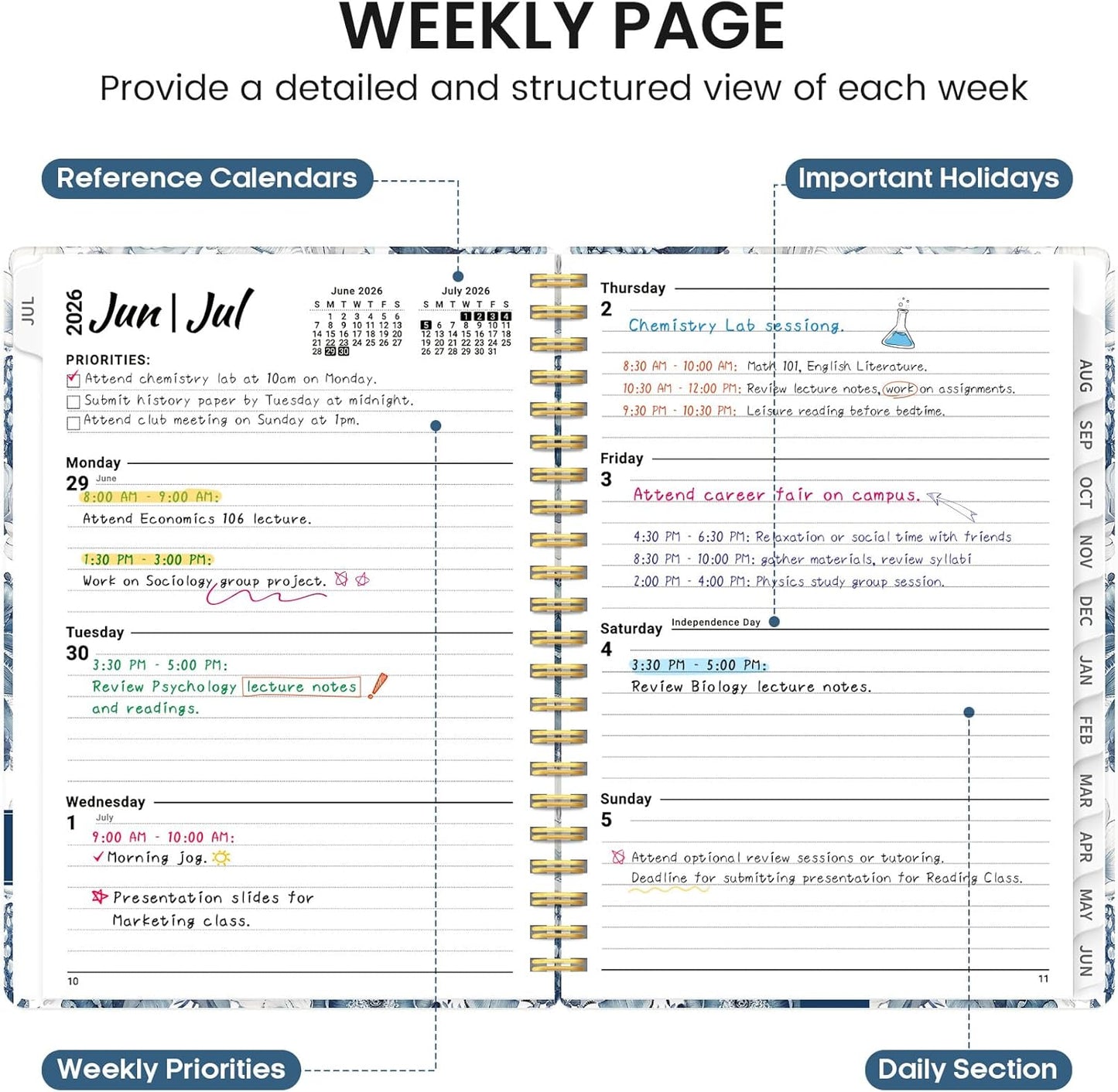 Planner 2026-2027, Academic Monthly and Weekly Calendar Planner for Women, July 2026 - June 2027, Hardcover Pretty Agenda Planner Book with Tabs, Spiral Daily Organizer for School Office Home Supplies, 6.3" x 8.5" - Blue Floral