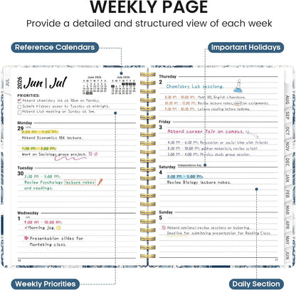 Planner 2026-2027, Academic Monthly and Weekly Calendar Planner for Women, July 2026 - June 2027, Hardcover Pretty Agenda Planner Book with Tabs, Spiral Daily Organizer for School Office Home Supplies, 6.3" x 8.5" - Blue Floral