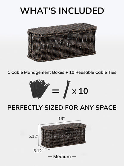 Cable Management Box, Cord Organizer with Lid & Cable Ties - Brown, L