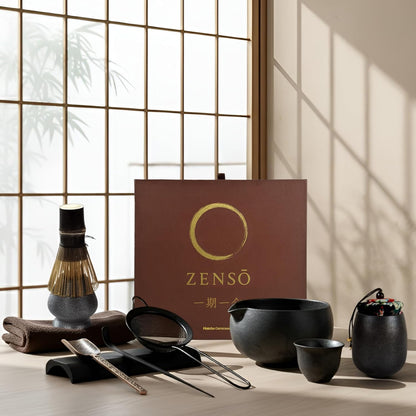 ZENSO Premium Matcha Whisk Set – 10 Piece Japanese Matcha Tea Ceremony Kit | Matcha Bowl, Tea Canister, Purple Bamboo Whisk, Whisk Holder, Sifter, Scoop & Scoop Holder, Cup, Cloth, Spoon - Dark Gray