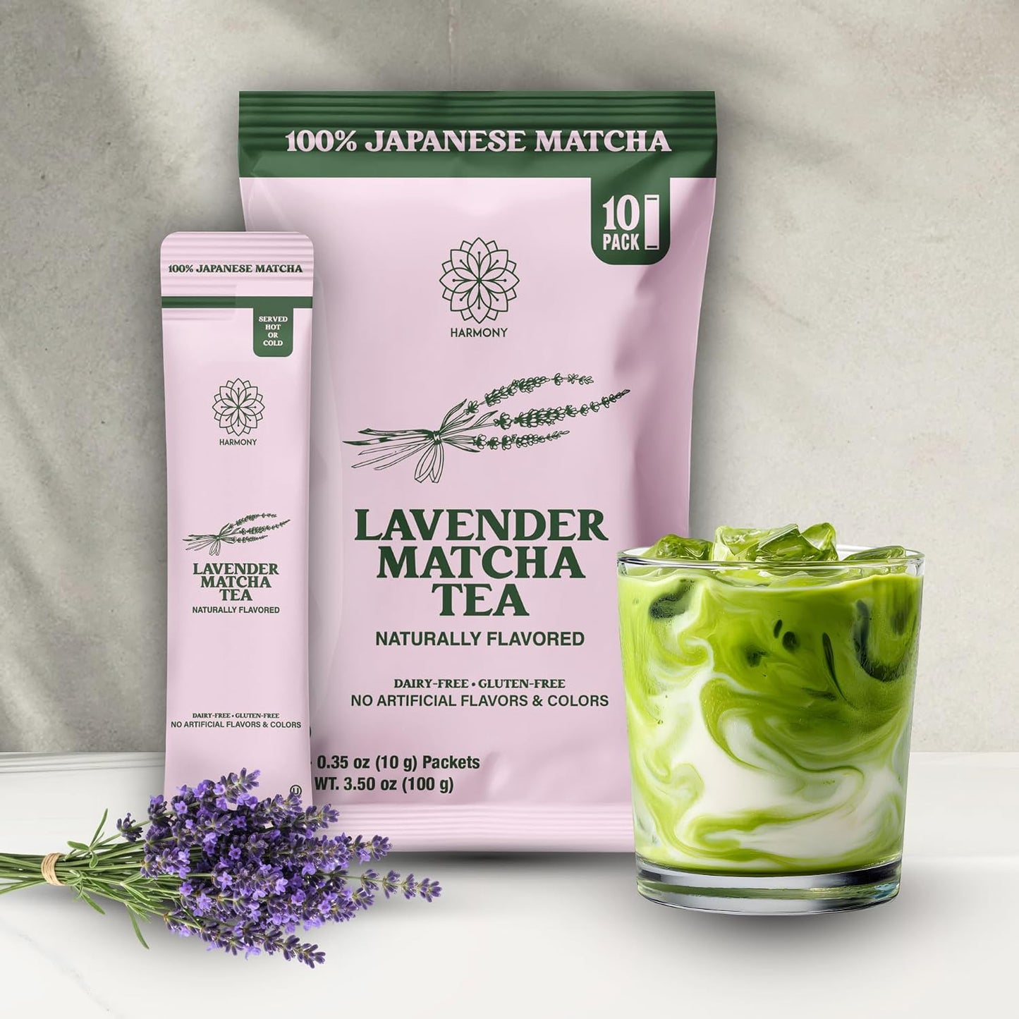 The Harmony Matcha Vanilla (10 Sticks) Premium Sweetened Japanese Matcha Powder, Rich in Antioxidants & L-Theanine, Dairy, Gluten, & Preservative Free, Serve Hot or Iced