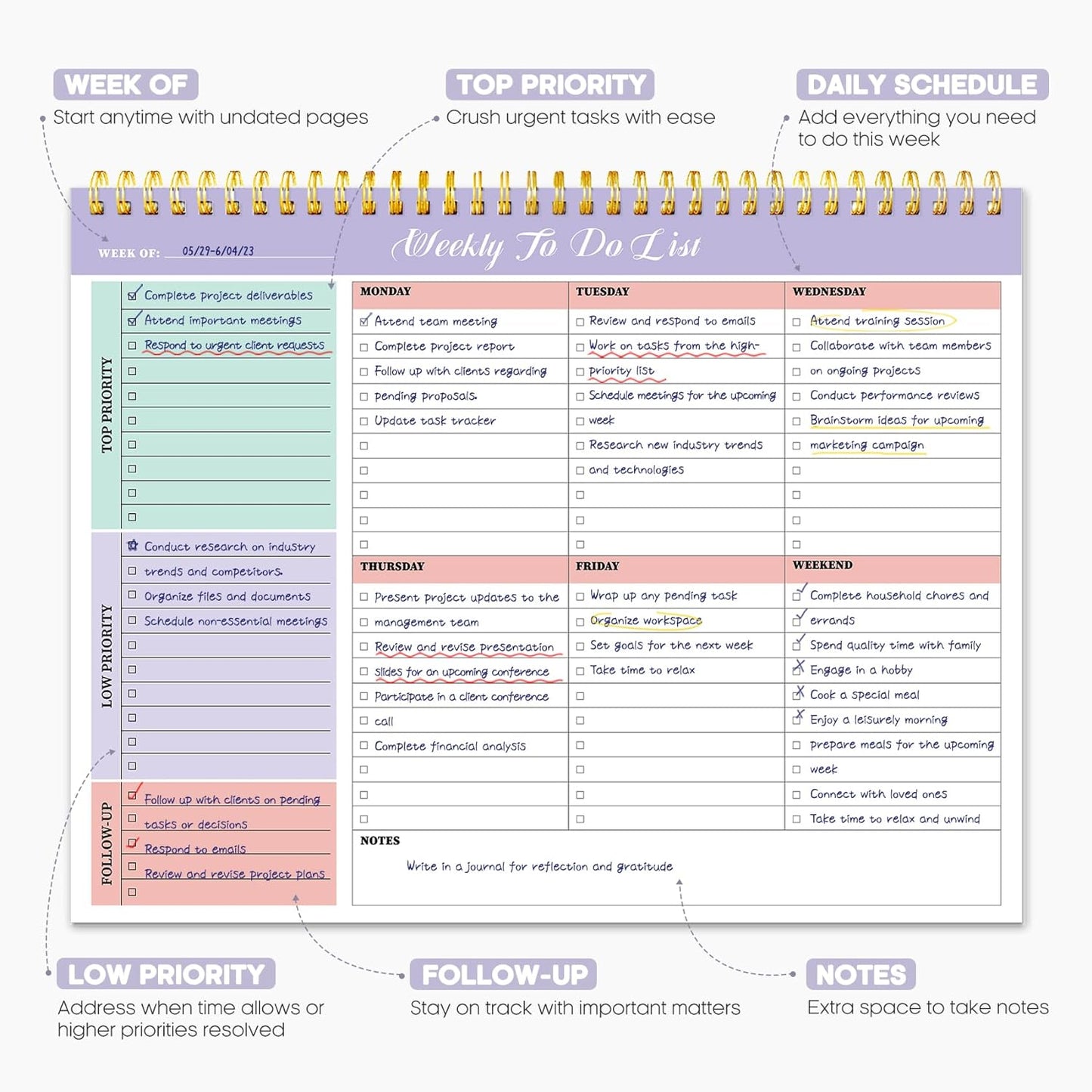 Taja Weekly To Do List Notepad, Undated Weekly Planner Pad, 8.5" x 11"
