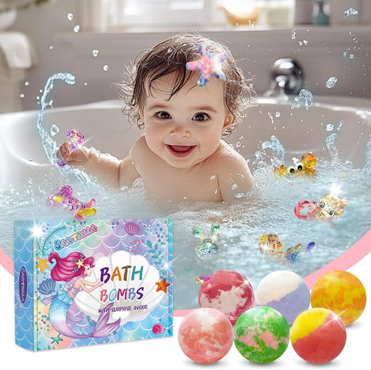Bath Bombs for Kids with Surprise Inside, 12pcs Kids Bath Bombs with Mermaid Toys Gift Set for Girls, Shea & Coco Butter Dry Skin Moisturize, Birthday Easter Gifts Spa Bath Ball with Bath Toy Fun
