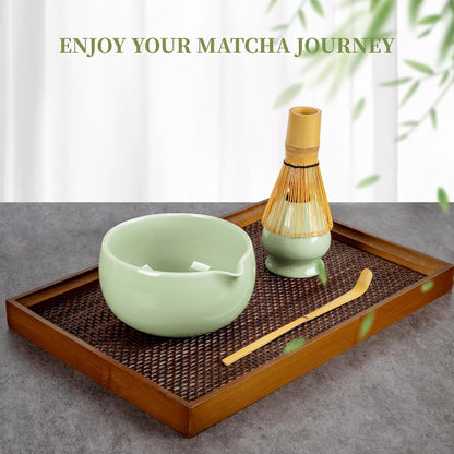 YIBO Matcha Whisk Set With Bowl, Ceramic Matcha Making Kit Includes Bamboo Whisk (Chasen), Holder Stand, Powder Starter Sifter, Scoop, Measuring Spoon & Cup Tea Tools For Ceremony (Mottled Green)