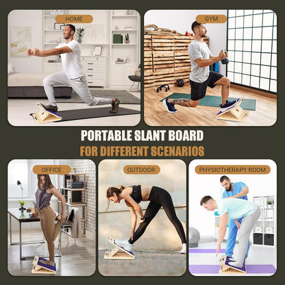 Wooden Slant Board for Calf Stretching, Portable Adjustable Calf Stretch Board with Training Poster & Resistance Bands, 300lb Weight Capacity Calf Ankle Achilles Physical Therapy Leg Exercisers
