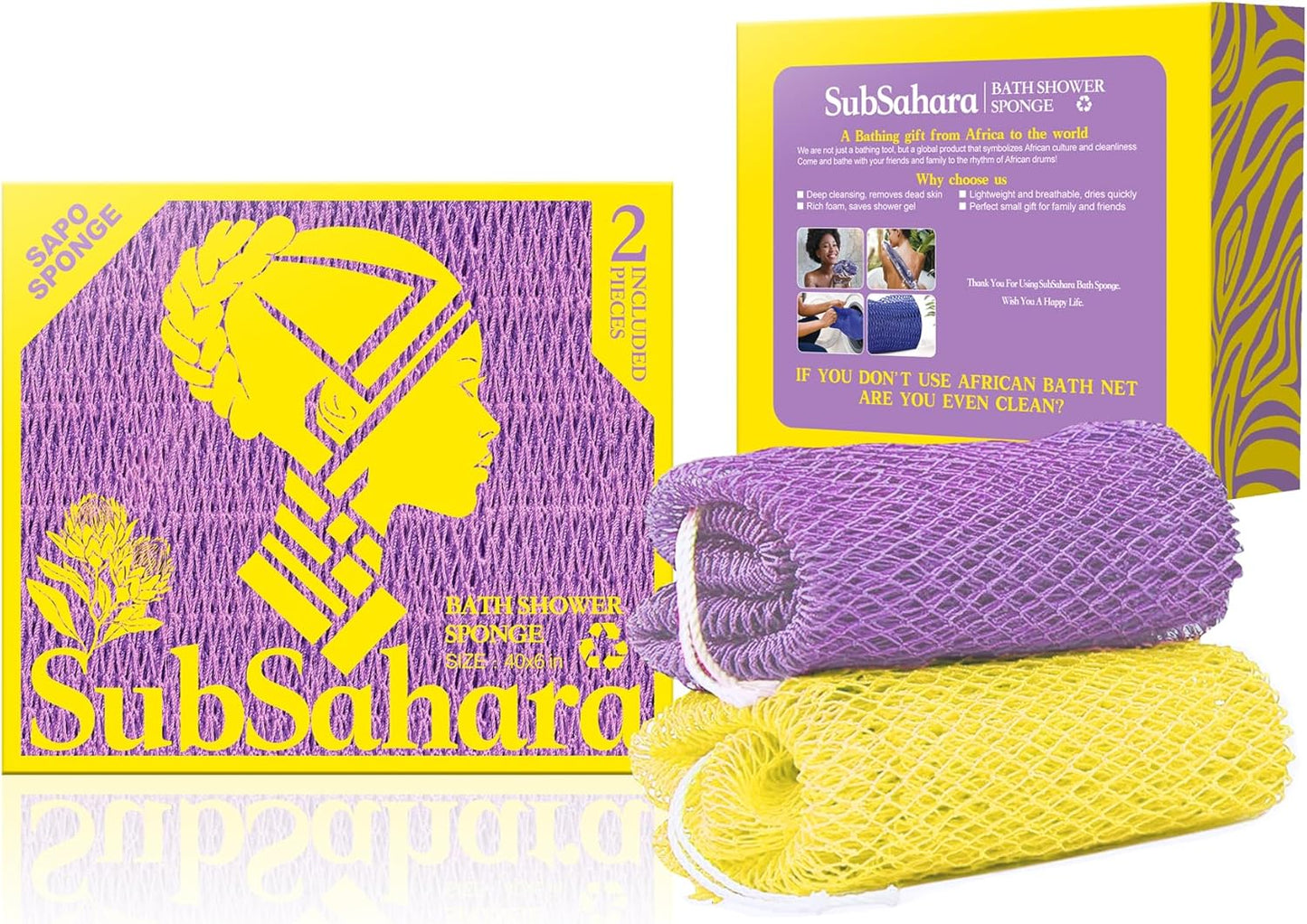 SubSahara Authentic African Net Sponge - 2 Pack Exfoliating Bath & Shower Loofah Sponge for Body & Face, Gentle Scrubber for All Skin Types, Travel, Durable Polyester (Olive Green & Light Green)