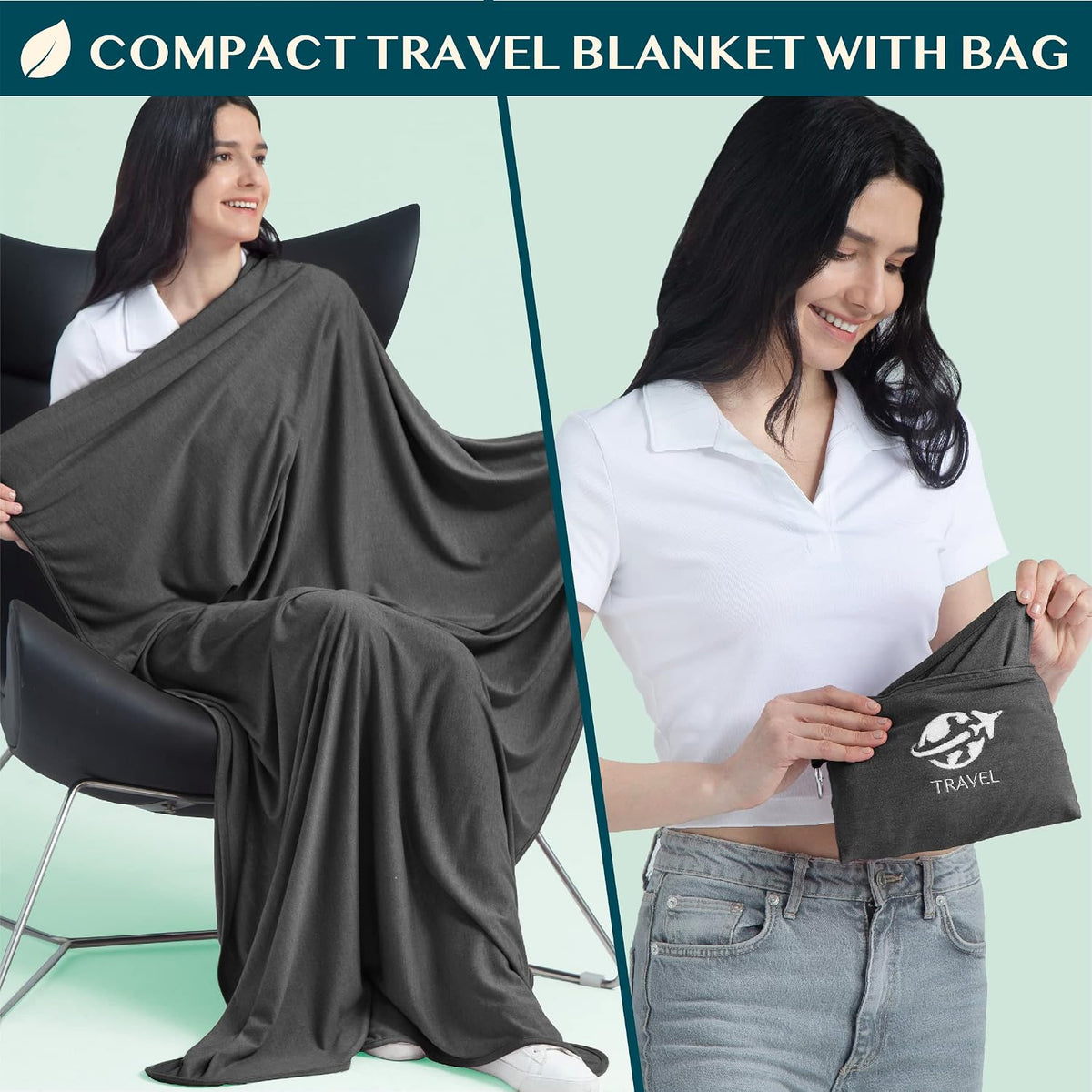 PAVILIA Travel Blanket Airplane Compact Pillow with Bag for Flights, Navy