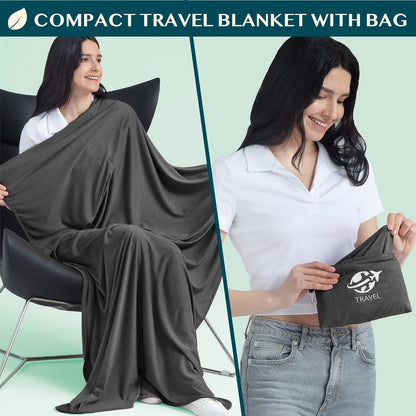 PAVILIA Travel Blanket Airplane Compact Pillow with Bag for Flights, Navy