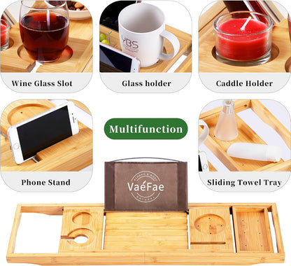 VaeFae Premium Teak Bathtub Tray, Expandable Wooden Bath Tray for Tub, Luxury Bathtub & Bathroom Accessories, Great House Warming, Anniversary & Wedding and Birthday Gifts (Free Teak Body Brush)