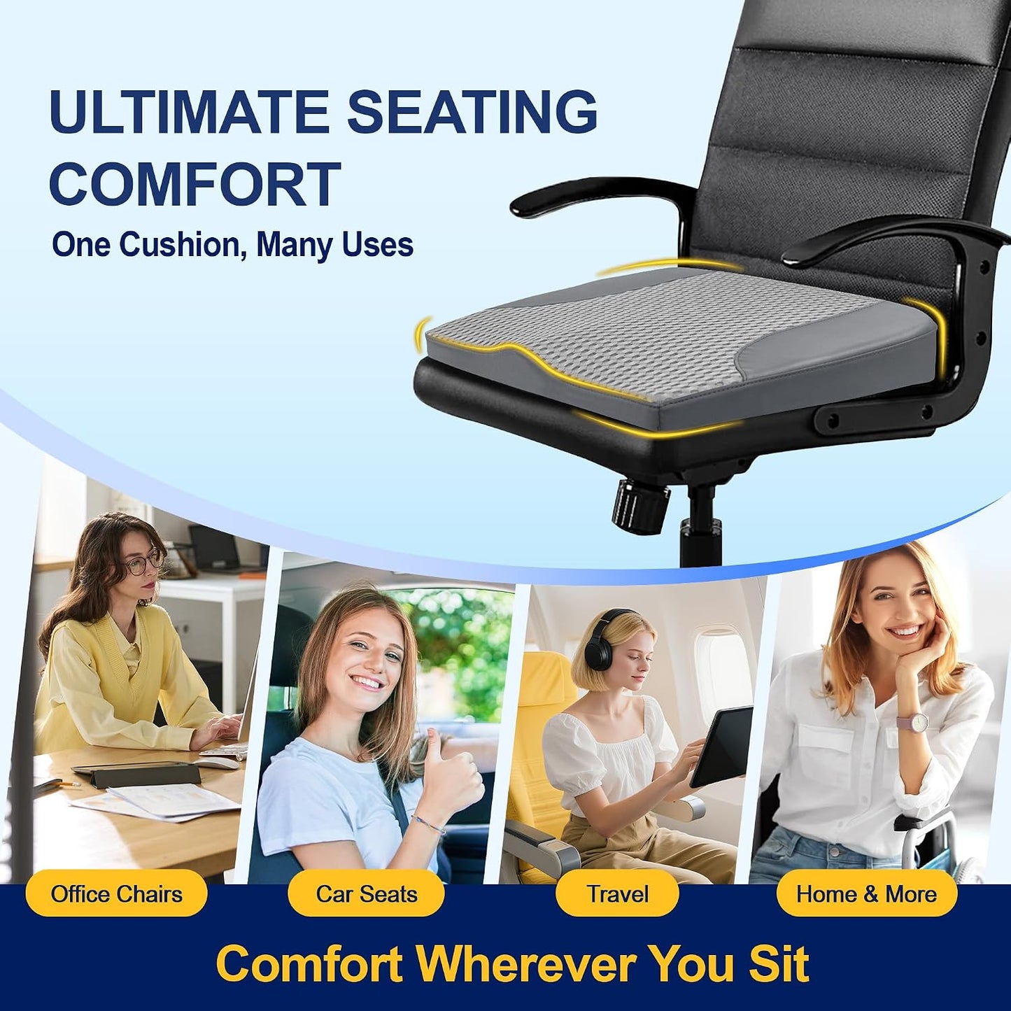 kingphenix Premium Car Seat Cushion, Memory Foam Driver Seat Cushion to Improve Driving View- Coccyx & Lower Back Pain Relief - Seat Cushion for Car, Truck, Office Chair (Leather Black)