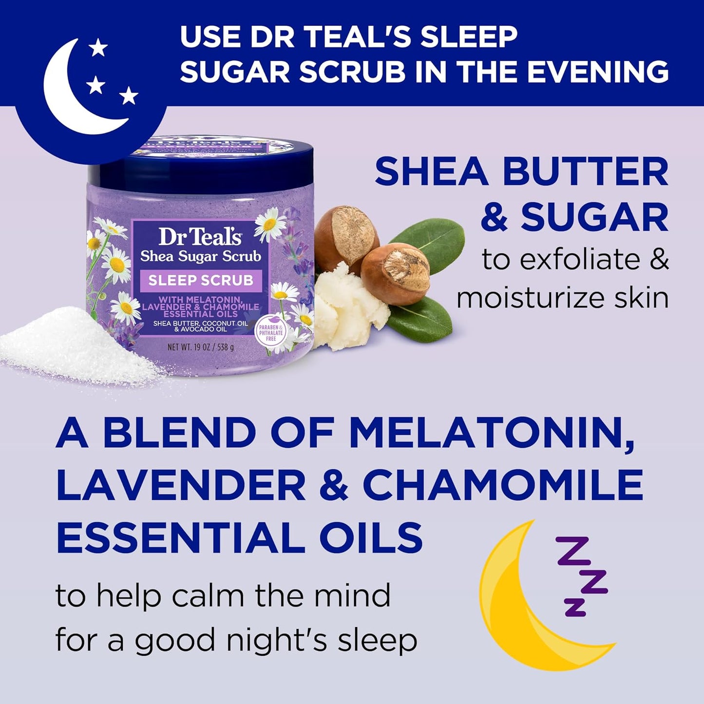 Dr Teal's Shea Sugar Sleep Scrub, with Melatonin, Lavender, & Essential Oils, 19oz (Pack of 3)