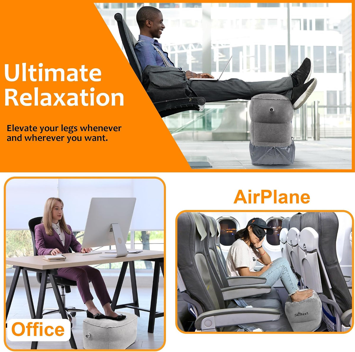 Inflatable Foot Rest Pillow for Airplane Travel - Adjustable Leg Rest for Long Flights, Baby/Toddler Airplane Seat Extender - Grey