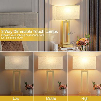 Seealle Bedroom Table Lamps Set of 2 - Touch Bedside Lamps with USB C+A, 3 Way Dimmable Gold Lamp for Nightstand, Modern Night Stands Lamps for Living Room End Tables Desk Bed Side Study Room(16.4n)