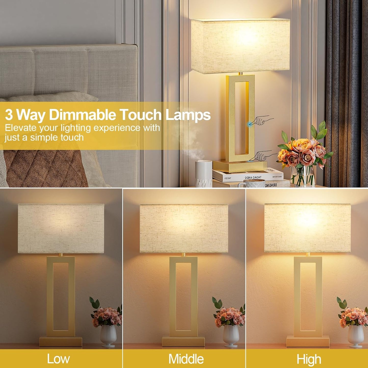 Gold Table Lamps Set of 2, 16.4" Bedside Lamps for Nightstand with USB C+A