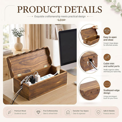 Patelai 2 Pcs Wooden Cord Basket Hider Cable Management Box Scalloped Edge