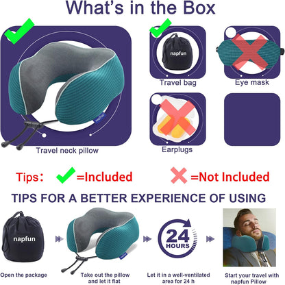 napfun Neck Pillow for Traveling, Upgraded Travel Neck Pillow for Airplane 100% Pure Memory Foam Travel Pillow for Flight Headrest Sleep, Portable Plane Accessories, Light Grey