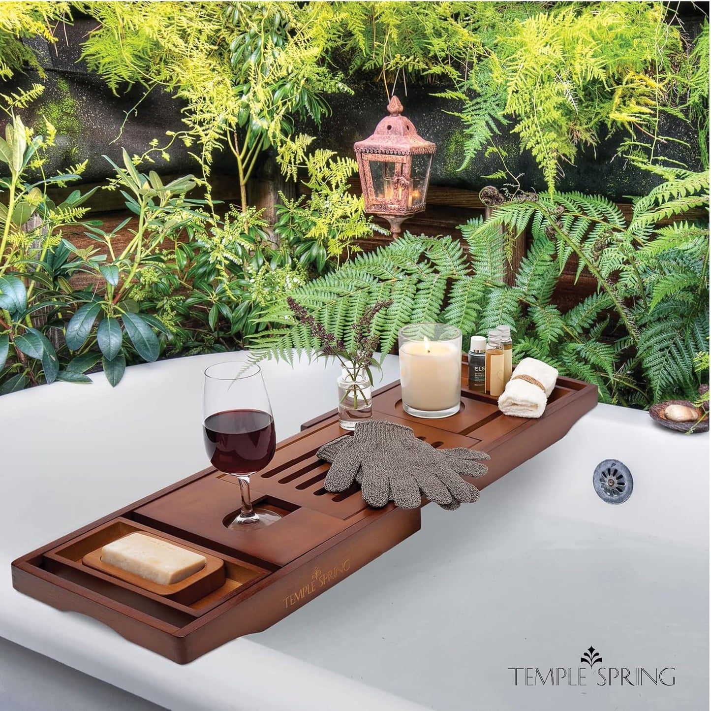 Temple Spring Bamboo Bathtub Tray Caddy for Tub — Expandable Wood Bath Tray with Solid Book Stand Wine Holder and Non-Slip Pads — Includes Bamboo Soap Dish and Spa Accessories — Luxury Bath Gift Set