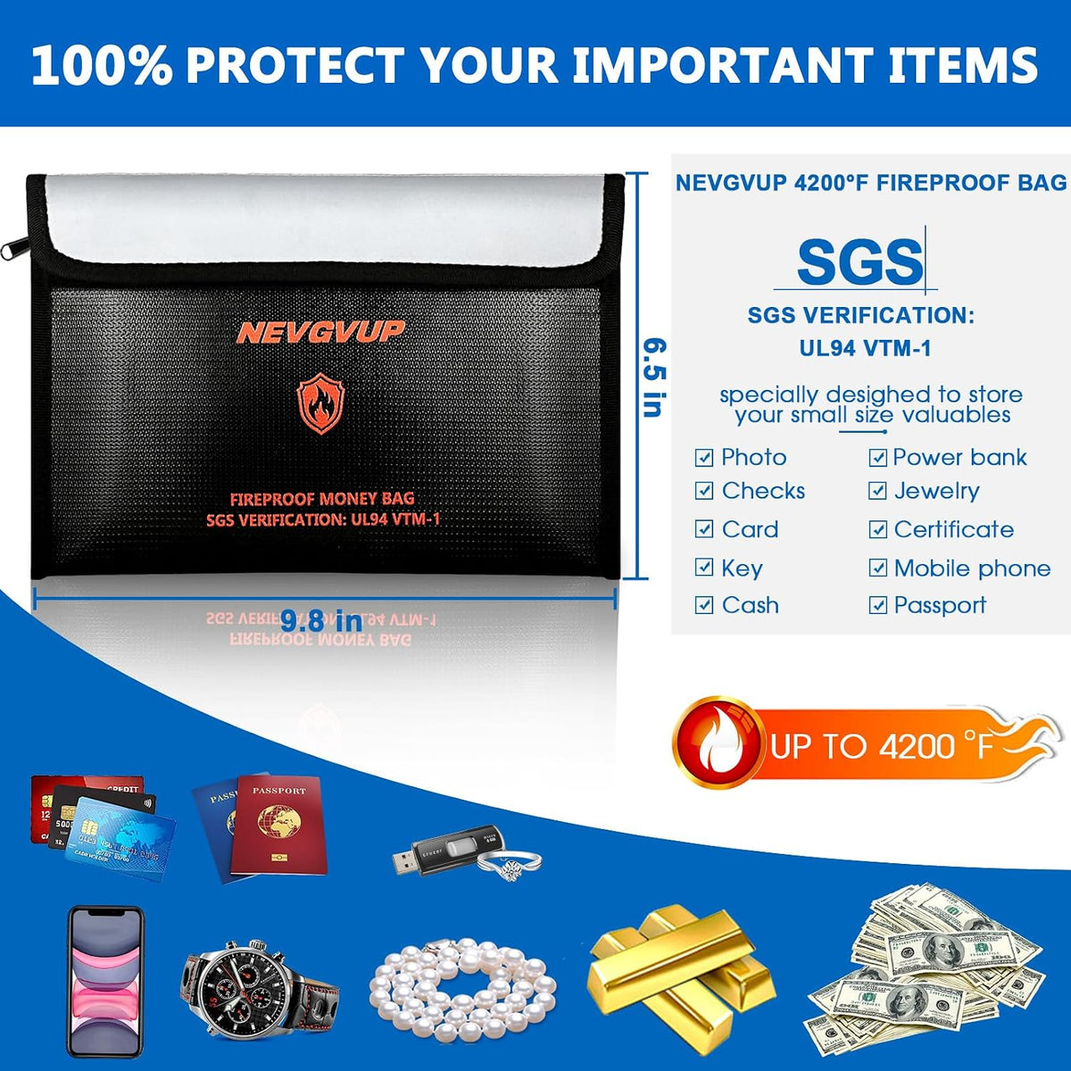 Upgraded 6200°F Fireproof Document Bag with Lock, Fire proof Money Bag for Cash with Zipper/Reflective Strip, 9 Layer of Heat Insulated Material, Water Resistant Fireproof Bags for Documents,Safe Bags