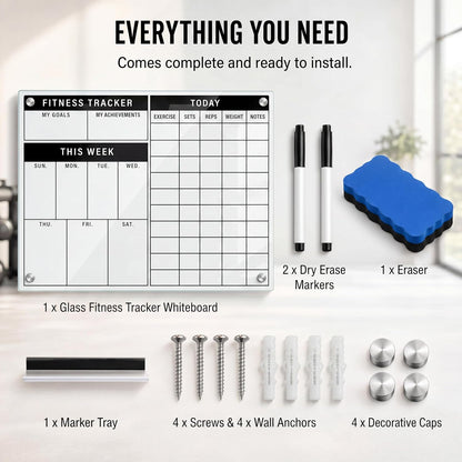 Lincia 24 x 18 Inch Glass Workout Whiteboard for Home Gym, Dry Erase Fitness Planner Board, Weekly Exercise Tracker and Goal Chart, Frameless Wall Mounted Gym Whiteboard with Markers, Eraser and Tray