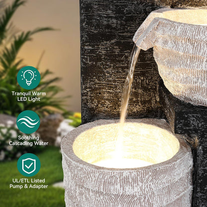 19.5" H 4-Tier Indoor & Outdoor Water Fountain with LED Lights | Resin Pebble Textured Tabletop Cascading Water Feature, Relaxing Decor for Patio, Porch, Deck, Yard & Home
