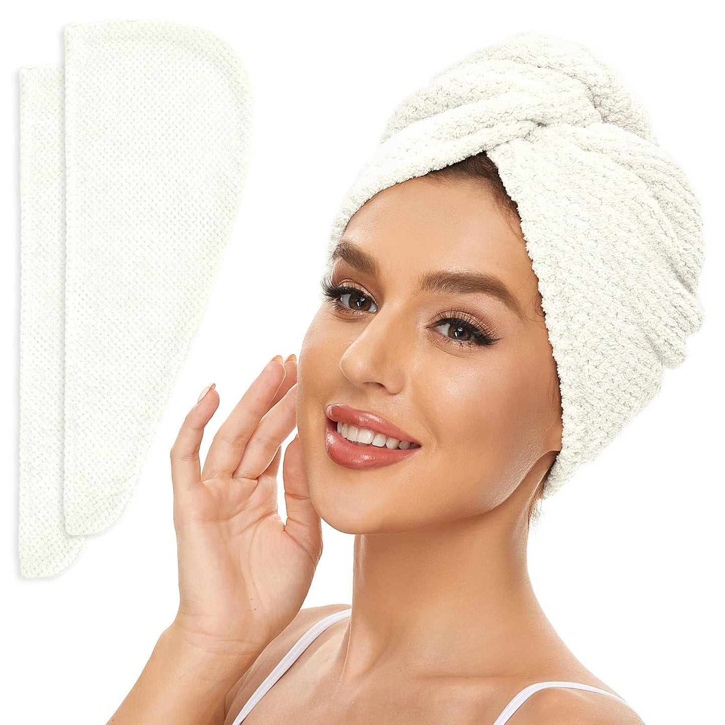 SimpleField 2 Pack Microfiber Hair Towel Wrap for Women, Anti Frizz Quick Drying Hair Turban for All Hair Style, Absorbent and Lightweight (Beige)