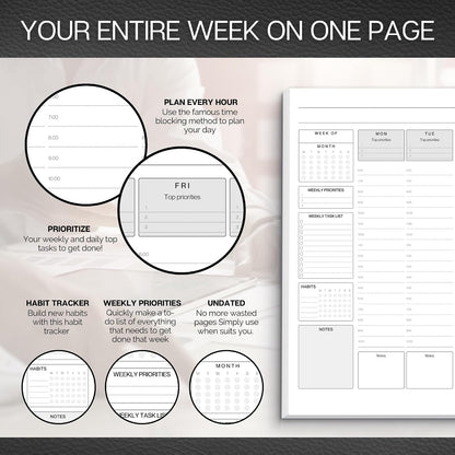 Weekly Hourly Planner Notepad, Daily Planner Desk Pad, Weekly Schedule, To Do List Note Pad, ADHD Planner | 50 Undated Tear Away Sheets | A4 (Rainbow)