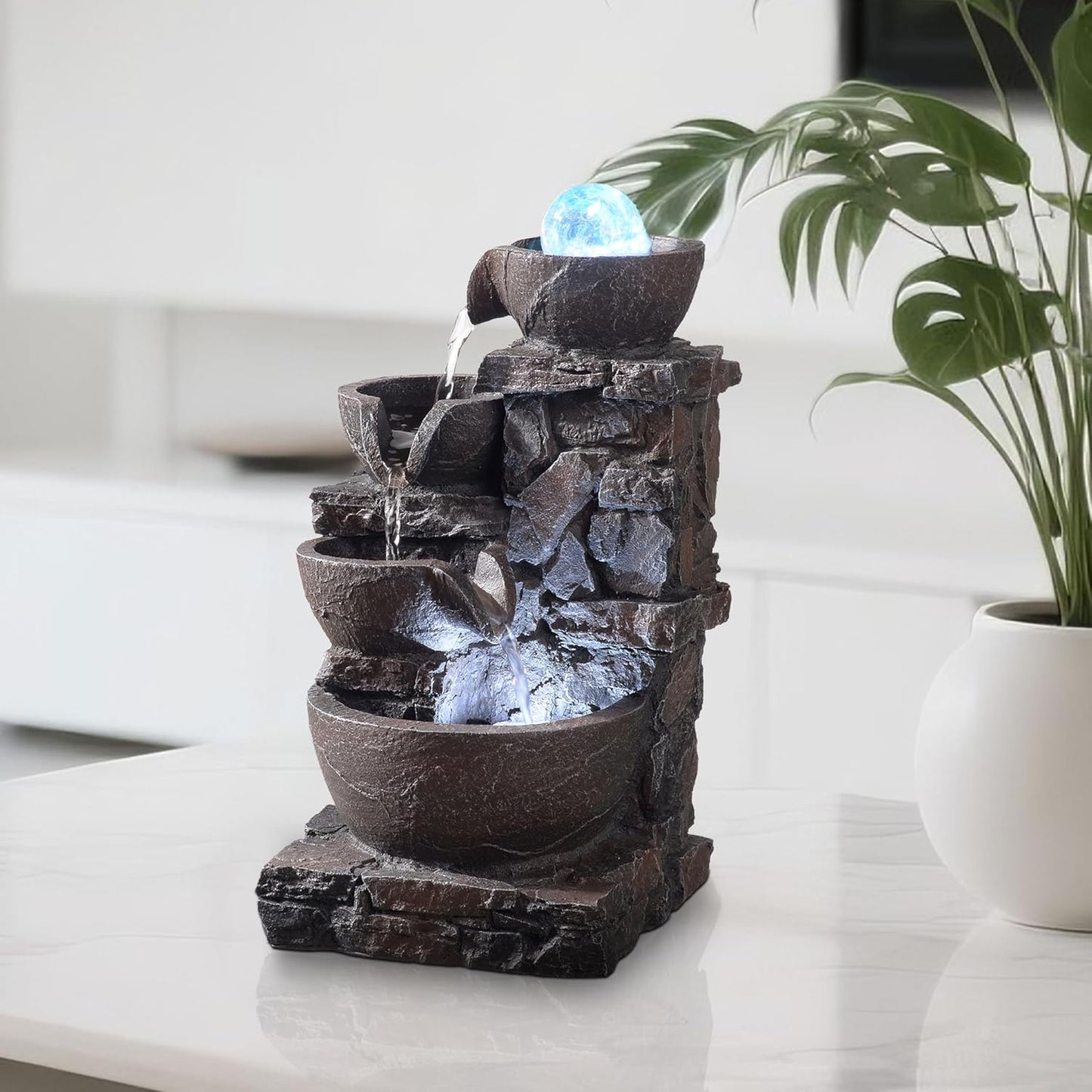 Tabletop Indoor Water Fountain – 3-Tier Rock Waterfall Fountain with Warm LED Light and DIY Planting Pot – Relaxing Small Water Feature for Desk or Home Decor (23061)