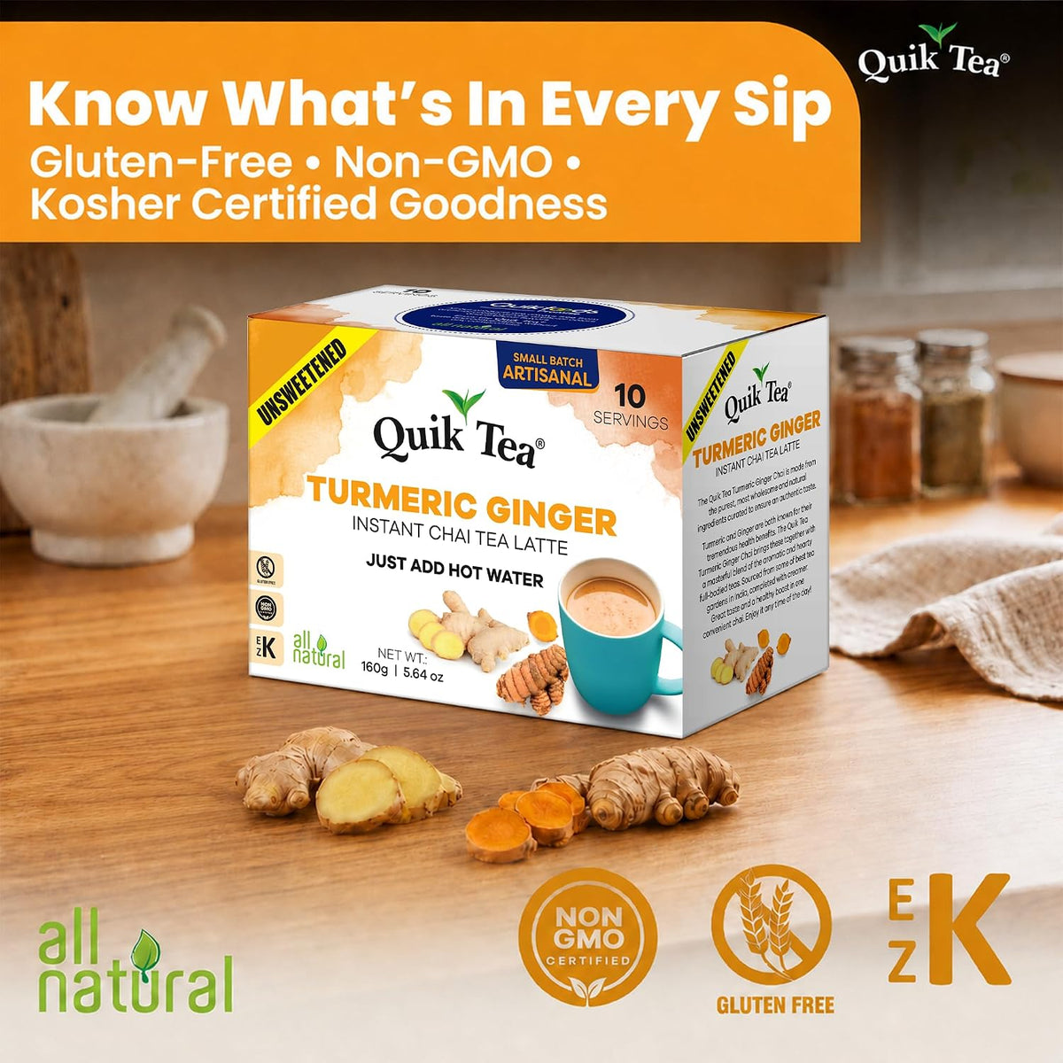 QuikTea Instant Chai Latte Mix, Turmeric Ginger, Unsweetened, 10 Sachets