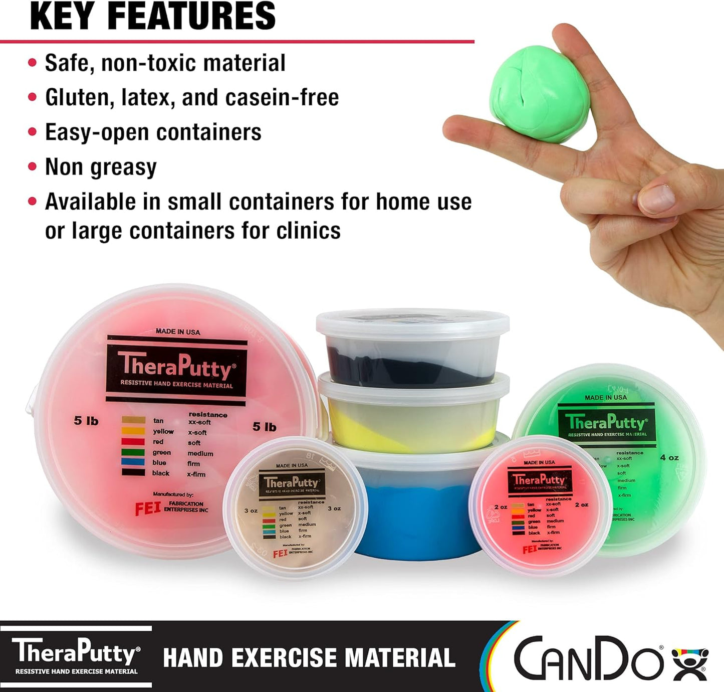 CanDo TheraPutty Standard Hand Exercise Putty For Rehabilitation, Exercises, Hand Therapy, and Occupational Therapy. Use To Strengthen Hand Muscles, Improve Fine Motor Skills, And Decrease Stress