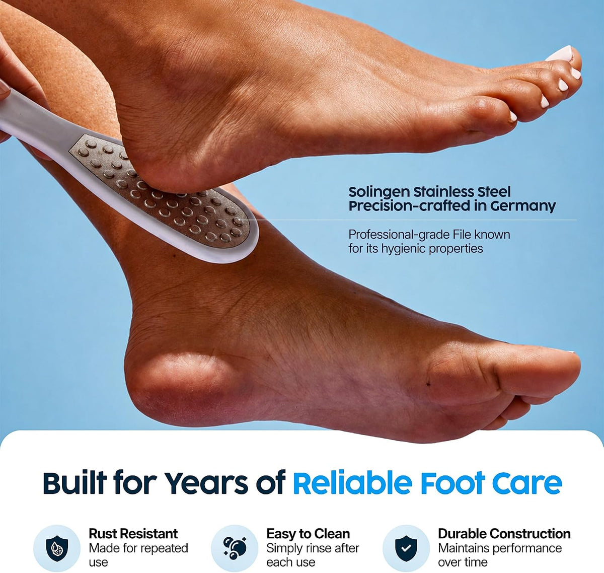 Footlogix Double-Sided Stainless Steel Foot File with Rubberized Handle – Coarse & Fine Grit Foot Exfoliator for Dry, Rough Skin | Professional Pedicure Tool | Lightweight, Easy to Clean