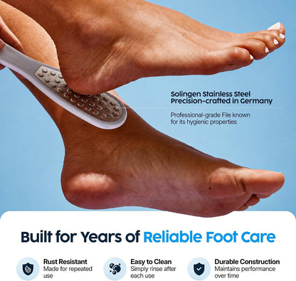 Footlogix Double-Sided Stainless Steel Foot File with Rubberized Handle – Coarse & Fine Grit Foot Exfoliator for Dry, Rough Skin | Professional Pedicure Tool | Lightweight, Easy to Clean