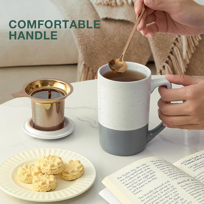 Gencywe Ceramics Large Tea Cup with Loose Leaf Infuser, Spoon and Lid, 16 oz Tall Coffee Mug, Microwave and Dishwasher Safe, Rustic Matte Ceramic Glaze, Tea Strainer, Amber