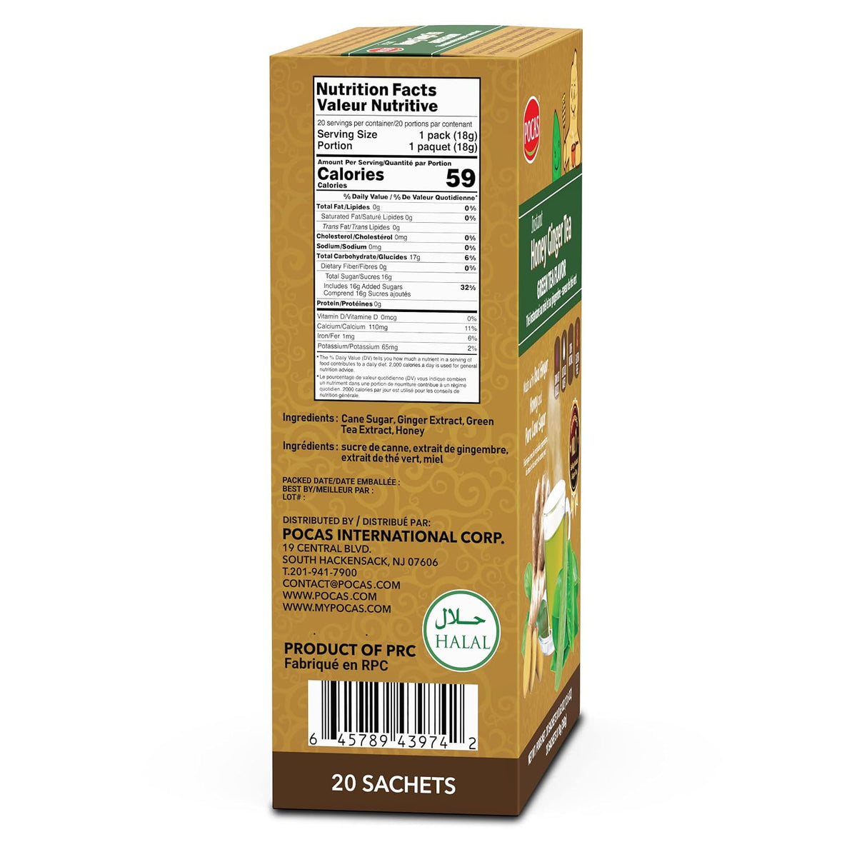 Pocas Honey Ginger Instant Tea Powder, Green Tea Flavor 2-Pack, Real Ginger Extract & Honey, 20 Packets per Box