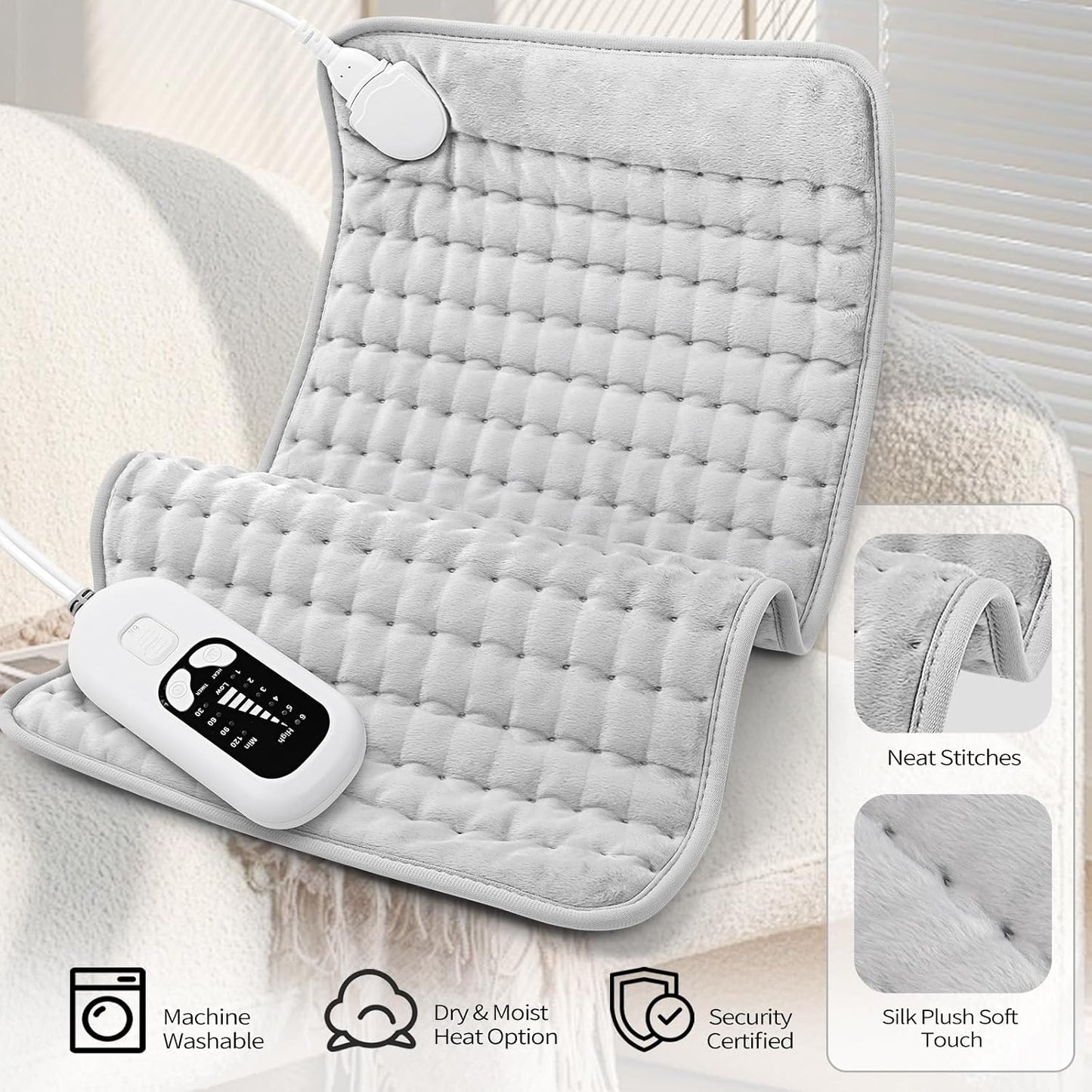 Deepsoon Heating Pad,Electric Heating Pads for Back,Neck,Moist Heating Pad for Abdomen Shoulder Knee Legs,Dry/Moist Heat&Auto Shut Off,Fathers Day Dad Gifts for Men Birthday,Light Gray,24x12 Inch