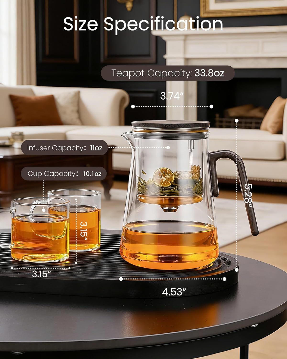 ZENS Magnetic Tea Pot, Enchanted Glass Teapot with Infuser and Magnetic Suction Lid for Mess-Free Loose Tea Diffusers, Walnut Wood Handle, Tea Lovers Gifts