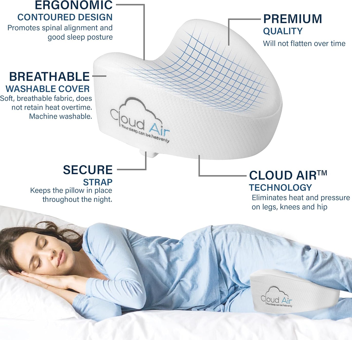 Vaunn Medical Cloud Air Side Sleeper Memory Foam Knee Pillow and Leg Positioner Cushion to Soothe Back, Leg and Hip Discomfort