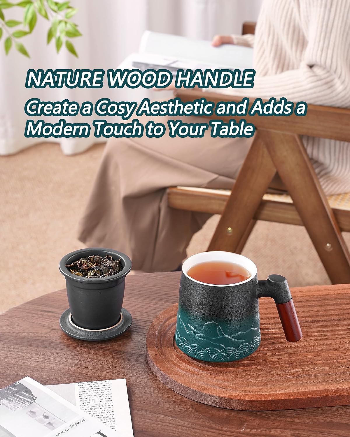 ZENS Embossed Ceramic Tea Mug with Infuser and Lid, 14.5 oz Wooden Handle, Loose Leaf Tea Steeper Cup & Strainer for Tea Lovers Gifts