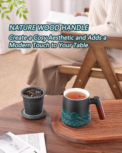 ZENS Embossed Ceramic Tea Mug with Infuser and Lid, 14.5 oz Wooden Handle, Loose Leaf Tea Steeper Cup & Strainer for Tea Lovers Gifts