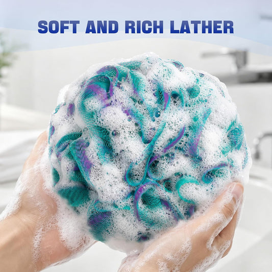AmazerBath Loofah Sponge 75g/Piece, Exfoliating Bath Sponge Body Scrubber - Loofa Set of 4 Flower Color (Large, Green-Purple)