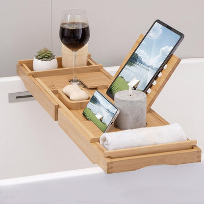 XcE Bamboo Bathtub Caddy Tray - Expandable to 41 Inches with Book Stand, Soap Holder & Anti-Slip Pads for Luxury Bath Spa, Brown