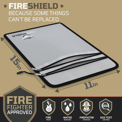 FIRESHIELD PRO Upgraded 2000°F Fireproof Document Bag w/ Dual Pockets – Fire & Waterproof Money Pouch for Cash – Safe Storage for Family Photos, Jewelry, Passport & Important Documents – 15" x 11"