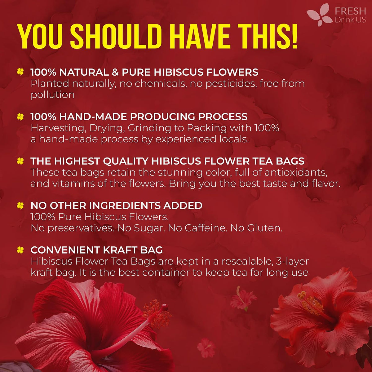 FreshDrinkUS, Premium Hibiscus Flower Tea, 235 Count, Pure, Caffeine Free