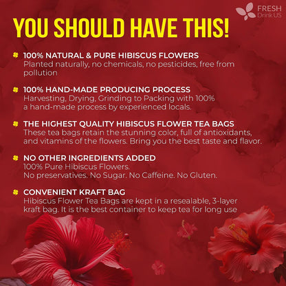 FreshDrinkUS, Premium Hibiscus Flower Tea, 235 Count, Pure, Caffeine Free