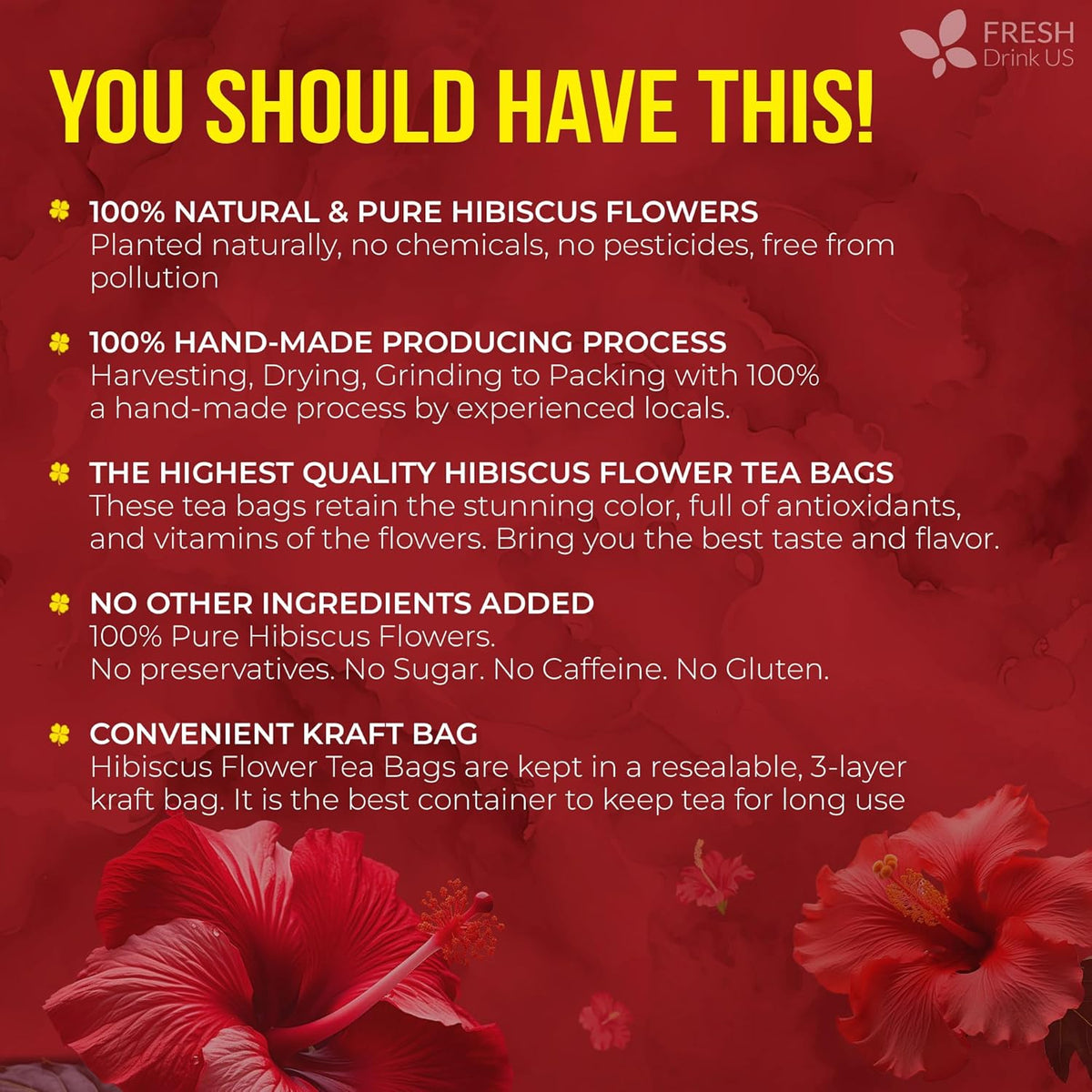 FreshDrinkUS, Premium Hibiscus Flower Tea, 235 Count, Pure, Caffeine Free