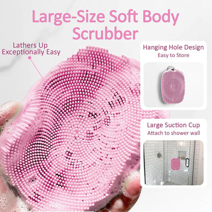 Soft Silicone Body Scrubber, Gentle Like a Hand Exfoliating Your Skin and Build Up Lather Easily, Back Large Suction Cup Easy to Store, Long-Lasting & Deep Clean (Pink)