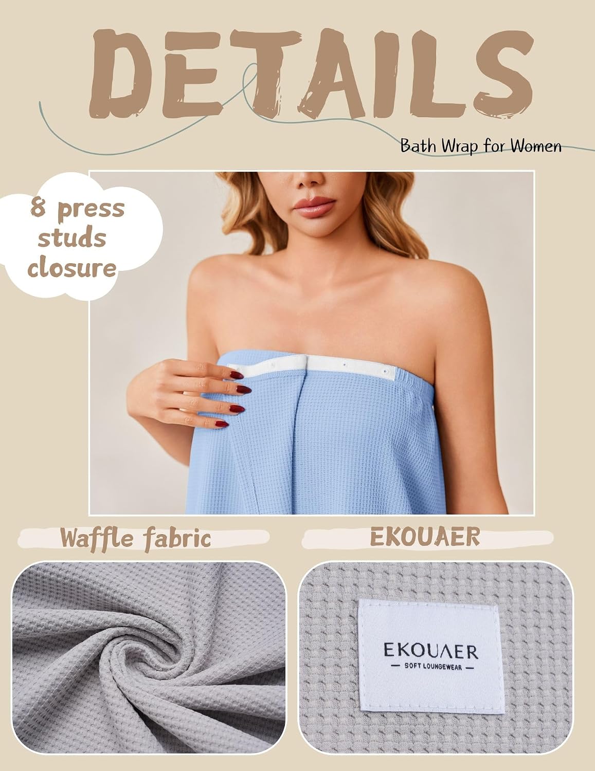 Ekouaer Waffle Robes For Women Bath Wrap Lightweight Shower Wrap 2026 Knee Length Spa Robe with Adjustable Closure S-XL