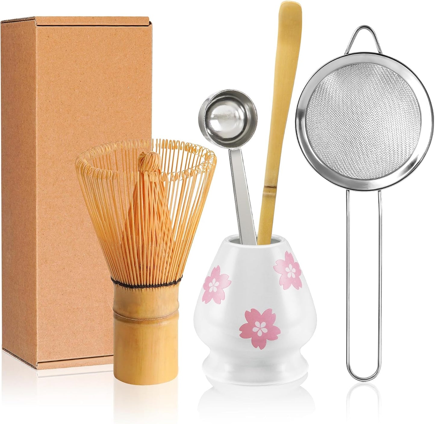 Matcha Whisk Set with Ceramic Bowl - Complete Matcha Making Kit, Bamboo Whisk (Chasen), Whisk Holder, Matcha Powder Sifter, Scoop, Japanese Tea Ceremony Tools（Green）